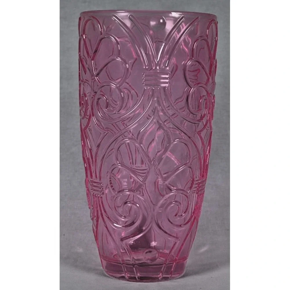 Sweet Heart Medley Pink Pressed Glass Vase Heavy Embossed Flowers 8.5